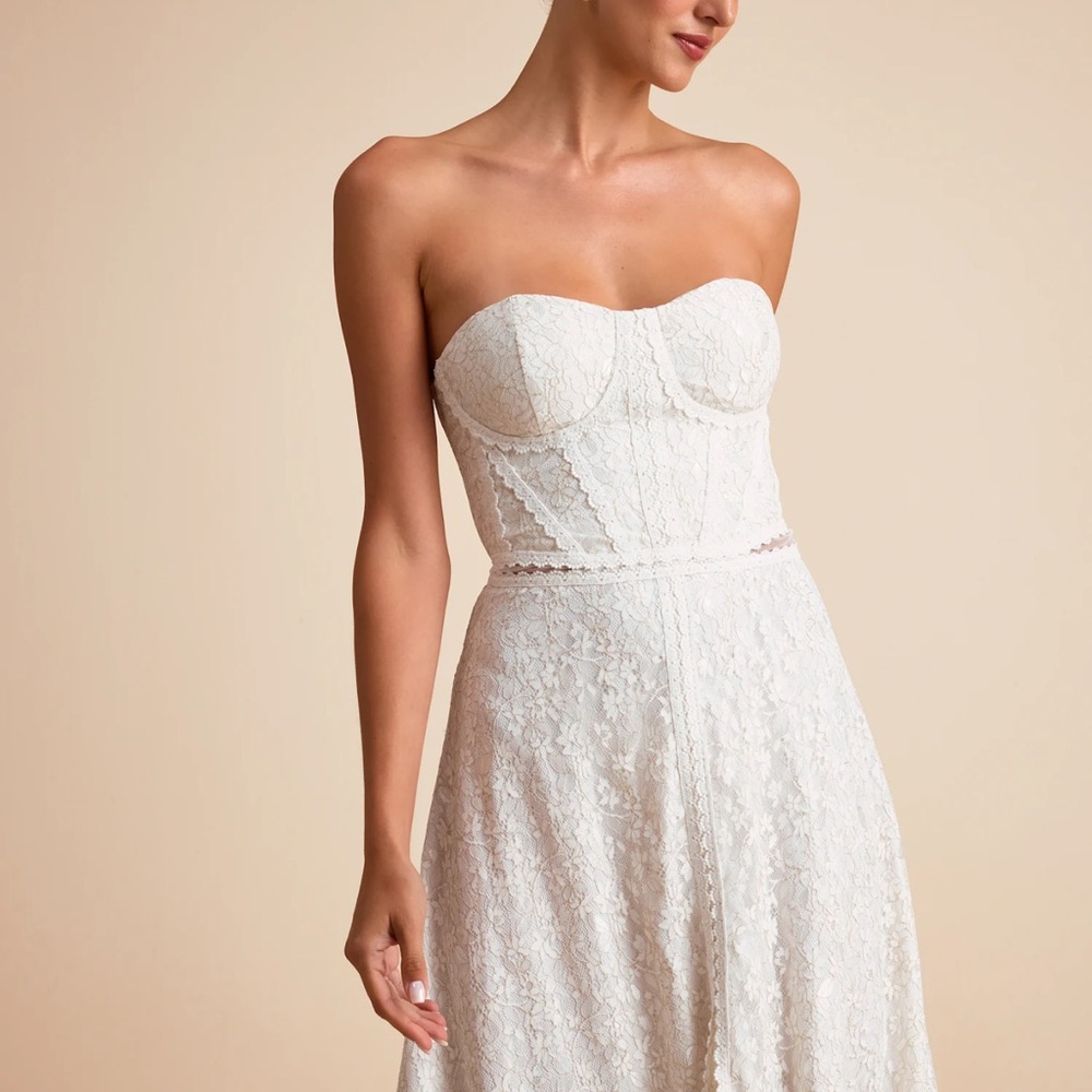 Lulu's White Strapless Lace Maxi Dress with Front Slit - Picture 4 of 6